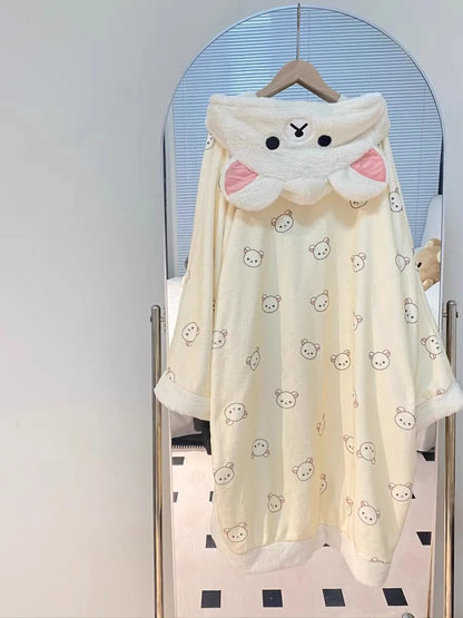 Rilakkuma Women'S Fleece-Lined Thickened Robe Coral Fleece Flannel Hooded Home Clothes Warm Nightgowns Casual Wear For Going Out