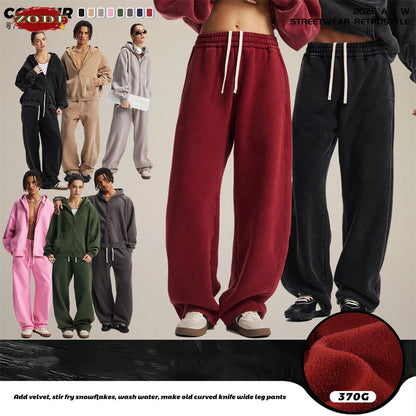 ZODF New 2025 Winter Batik Washed Man Fleece Pants Unisex High Street Distressed Thick Warm Straight Trousers Sweatpants HY1166