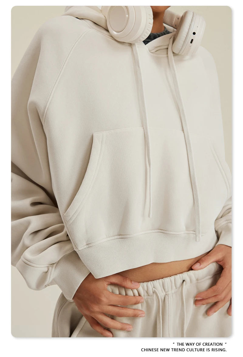 ZODF Women Hotsweet 2025 Winter Washed Fleece Crop Hoodies Girls Oversized Raglan Sleeve 400gsm Hooded Pullovers HY0648