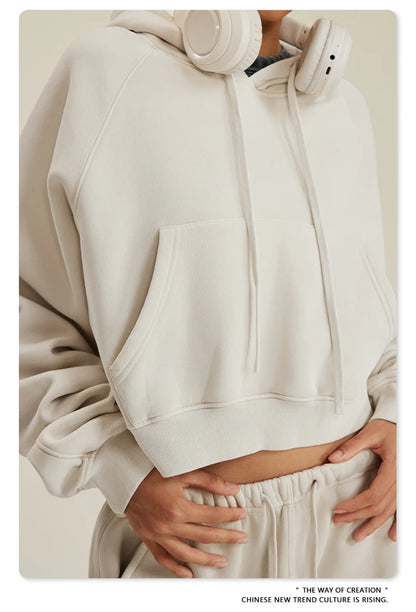 ZODF Women Hotsweet 2025 Winter Washed Fleece Crop Hoodies Girls Oversized Raglan Sleeve 400gsm Hooded Pullovers HY0648
