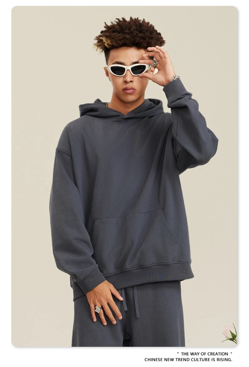 ZODF New Winter 440gsm Terry Hooded Hoodies For Men Retro Unisex Couple Loose Oversized Solid Pullovers Streetwears HY0664