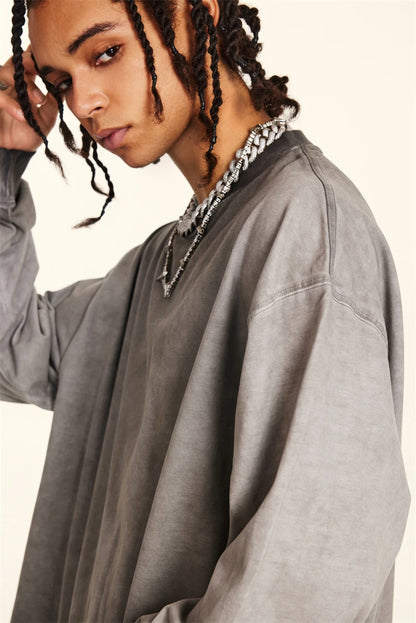 ZODF 2024 Autumn Men's Washed Cotton T-Shirt Unisex Oversized Distressed 250gsm Long Sleeve O Neck T Shirts Tees HY0921