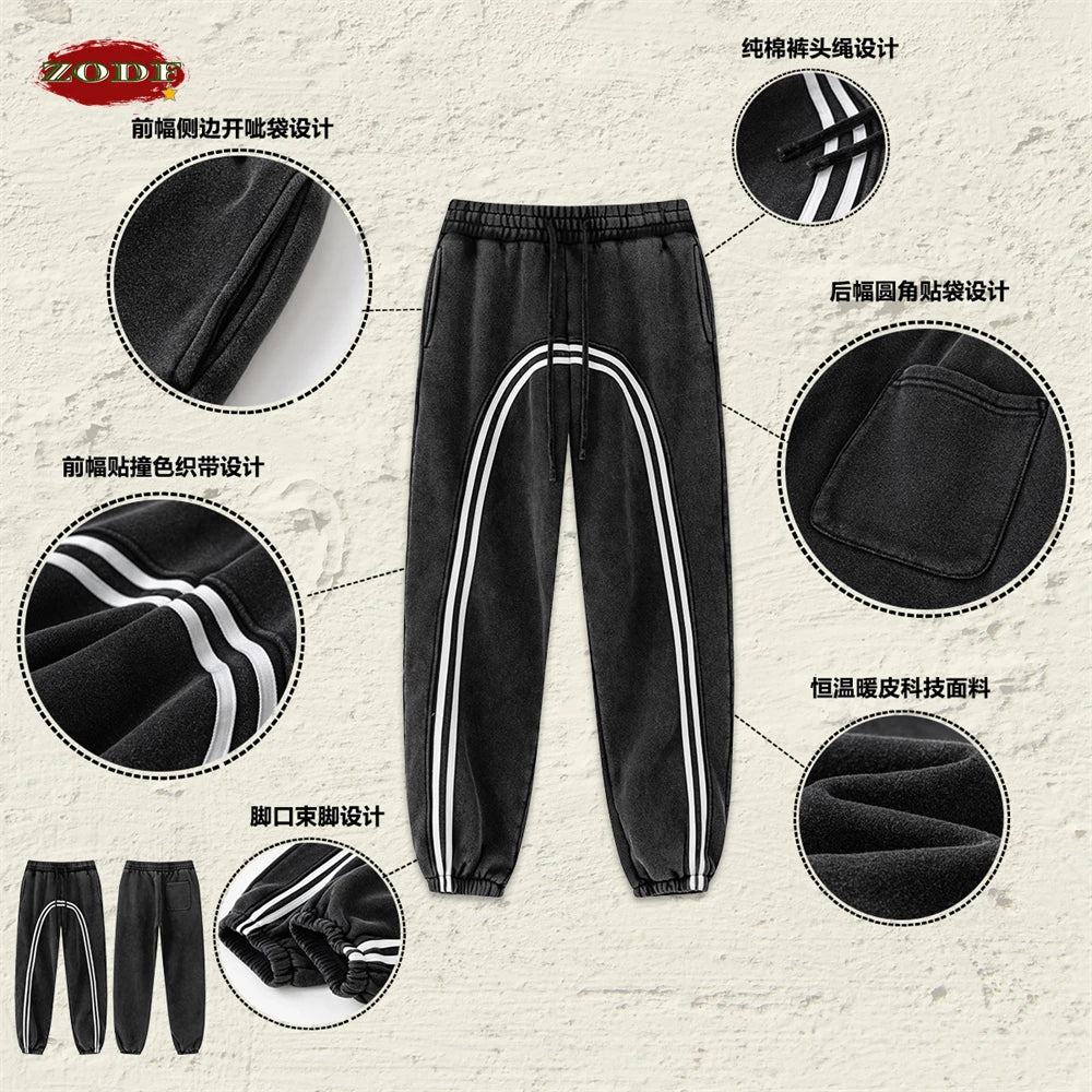 ZODF New Autumn Winter Men Fleece Sweatpants Women Unisex 332gsm Washed Ribbon Warm Joggers Pants Brand Clothes HY0877