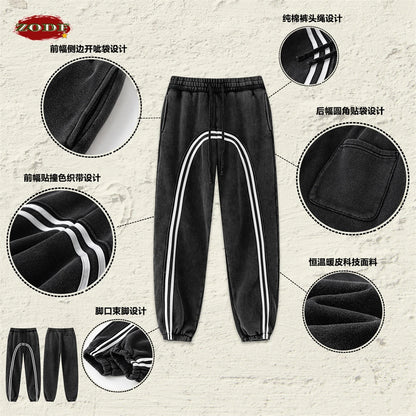 ZODF New Autumn Winter Men Fleece Sweatpants Women Unisex 332gsm Washed Ribbon Warm Joggers Pants Brand Clothes HY0877