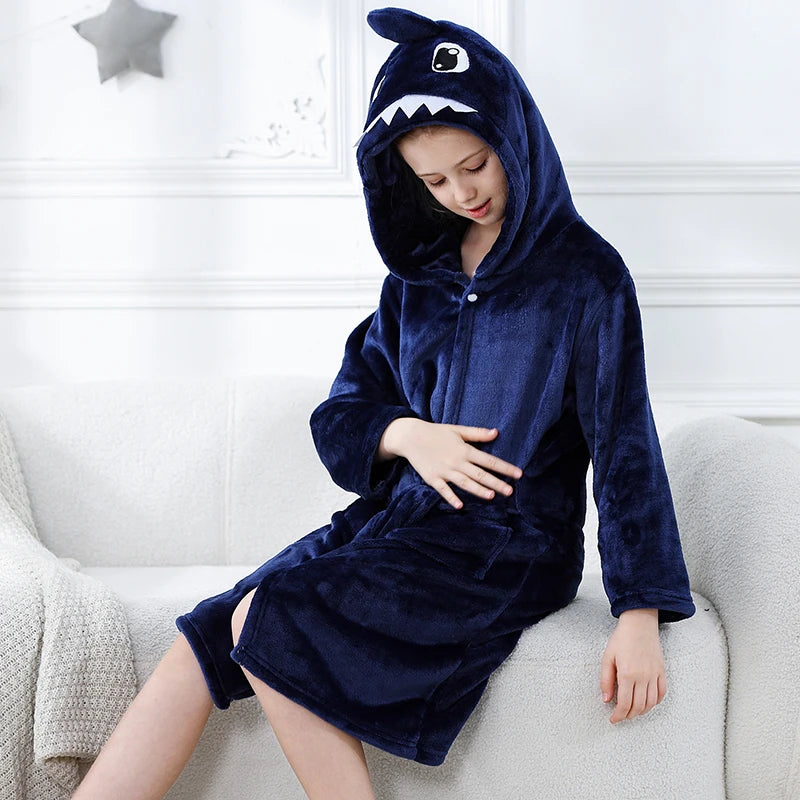 Toddler Boys Bathrobe Girl Sleepwear Winter Flannel Hooded Bath Towel Teen Dinosaur Cow Pjs Animal Pajamas Robe Children Clothes