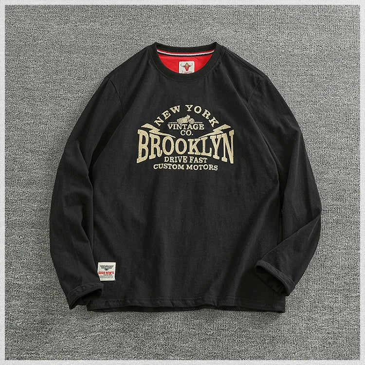 Autumn New American Retro Long-sleeved O-neck Letter Printed T-shirt Men's Fashion Simple 100% Cotton Washed Casual Sport Tops