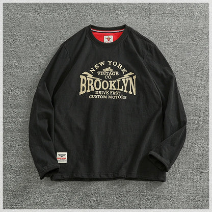 Autumn New American Retro Long-sleeved O-neck Letter Printed T-shirt Men's Fashion Simple 100% Cotton Washed Casual Sport Tops