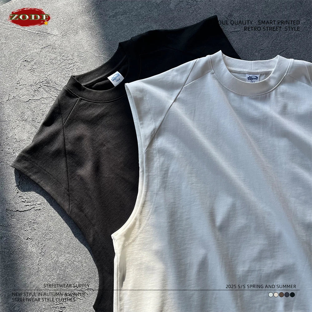 ZODF Trendy Men Summer Solid Cotton Tank Tops Unisex Oversized 275gsm Patchwork Sleeveless Tees Vests HY1051