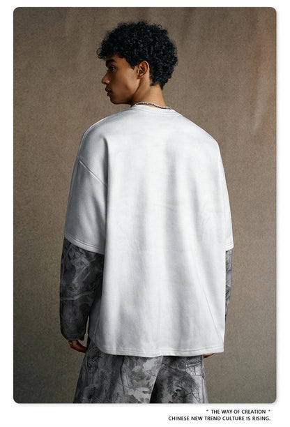 ZODF 2025 Autumn 340gsm Fake 2-Piece T-Shirt For Man Unisex Oversized Heat Transfer Printing Long Sleeve T Shirts Tee HY1151