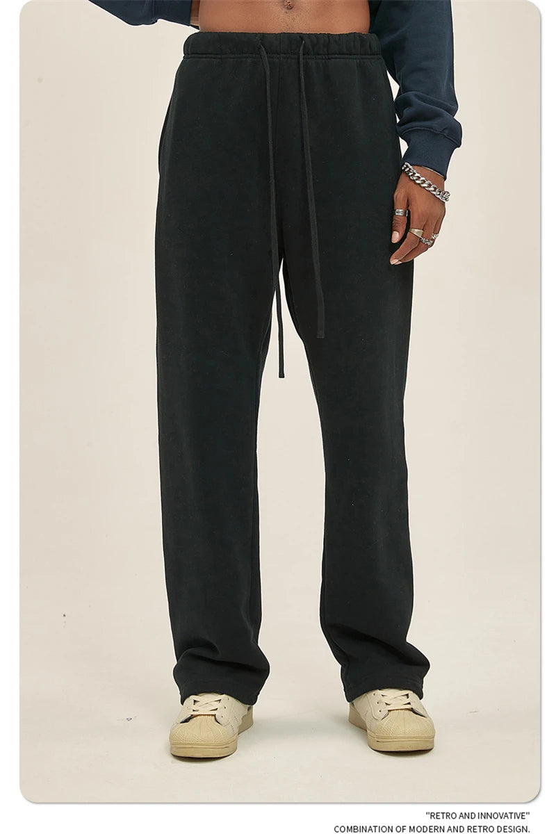 ZODF Fashion 2024 Men Loose Straight Pants Unisex 365gsm Retro Comfortable Sport Solid Drawstring Trousers HY0588