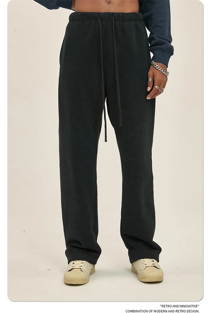 ZODF Fashion 2024 Men Loose Straight Pants Unisex 365gsm Retro Comfortable Sport Solid Drawstring Trousers HY0588