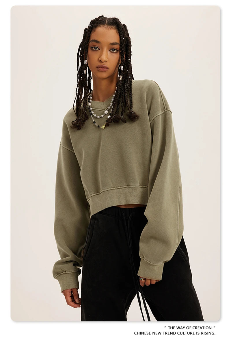 ZODF Winter Women Short Fleece Cropped Sweatshirts Girls Female Hip Hop Loose 400gsm V-Neck Pullovers Brand Tops HY0437