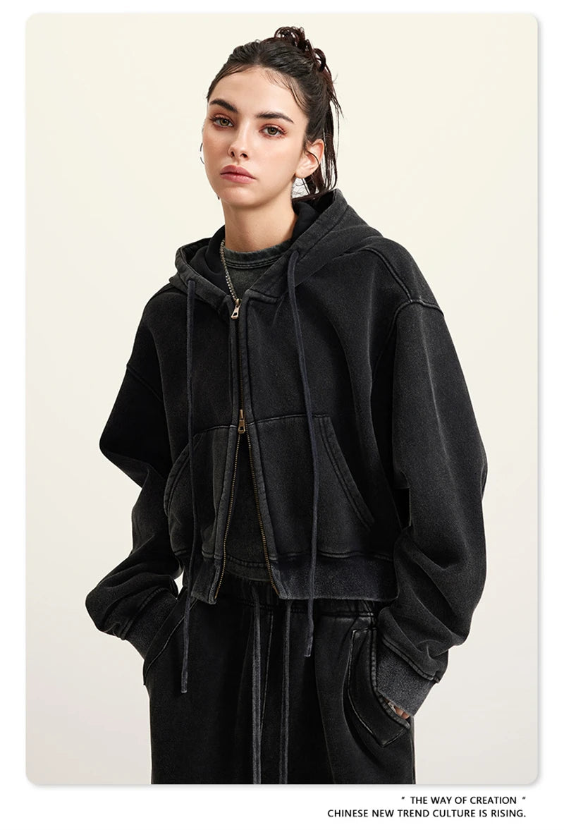 ZODF Retro 2025 Winter Women Short Zipper Hoodies Female Girls Loose 355gsm Thick Fleece Hooded Zip-up Coat Streetwears HY0448