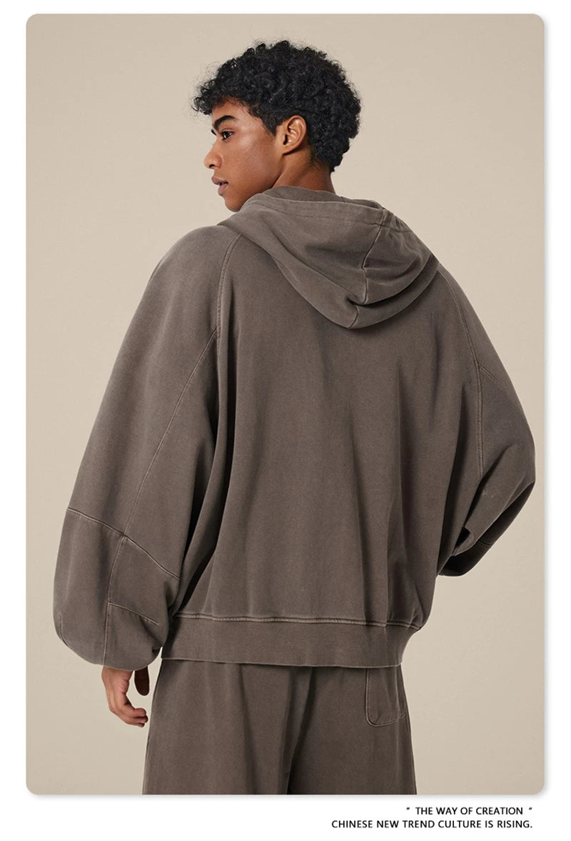 ZODF Heavy Wieght 480gsm Washed Cotton Boxy Zipper Hoodies For Man Unisex Retro Patchwork Off Shoulder Hooded Coats HY1152