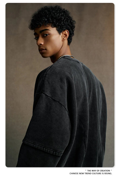 ZODF Trendy 2025 Winter Man 360gsm Washed Fleece Hoodies Unisex Patchwork Loose Fake 2 Pieces Knitted O Neck Sweatshirts HY1089