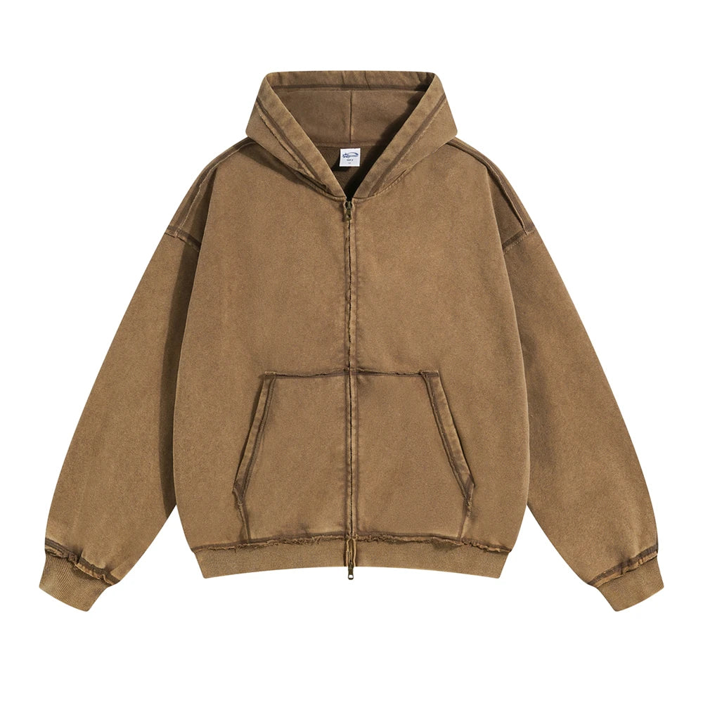 ZODF Retro Men's Heavyweight 450gsm Zipper Hoodies Unisex Loose Distressed Washed Batik Knitted Hooded Coat Jacket HY0889