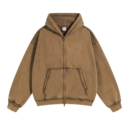 ZODF Retro Men's Heavyweight 450gsm Zipper Hoodies Unisex Loose Distressed Washed Batik Knitted Hooded Coat Jacket HY0889