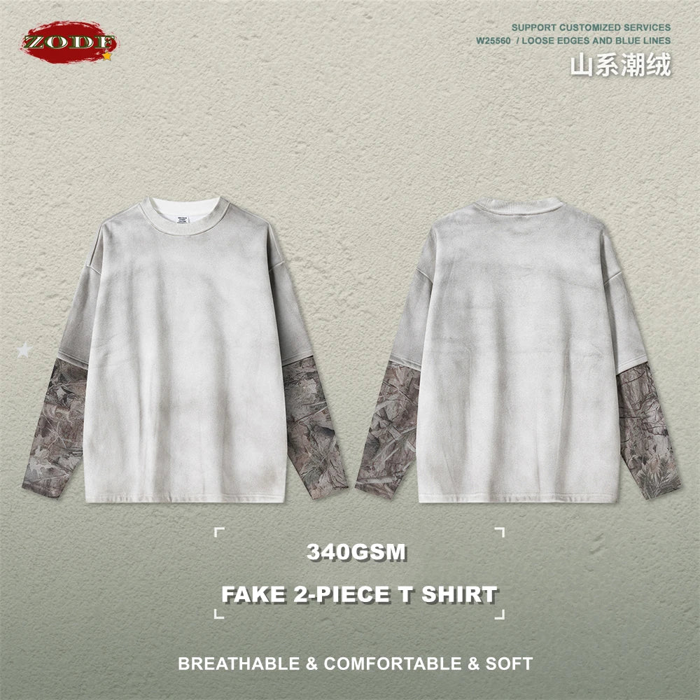 ZODF 2025 Autumn 340gsm Fake 2-Piece T-Shirt For Man Unisex Oversized Heat Transfer Printing Long Sleeve T Shirts Tee HY1151