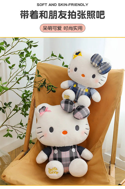 Sanrio Hello Kitty Plush Toy Retro Plaid Skirt Kitty Doll Stuffed Animal Creative Gift for Kids Birthday Christmas Girls Pillow