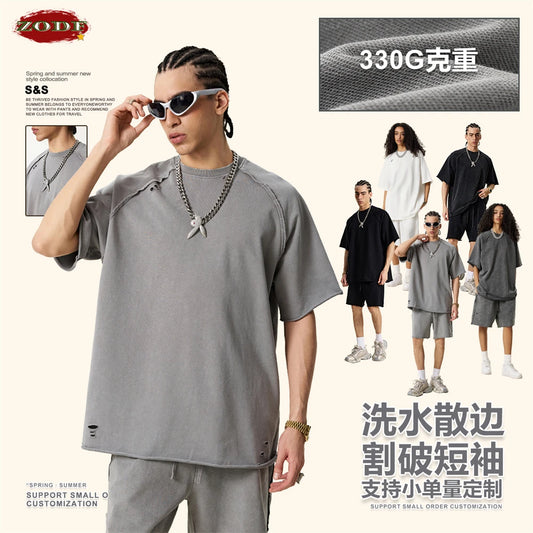 ZODF 2025 Men Summer Heavy Weight Washed 330gsm Cotton T-shirt Unisex High Street Distressed Holes Oversized T Shirts Tee HY0984