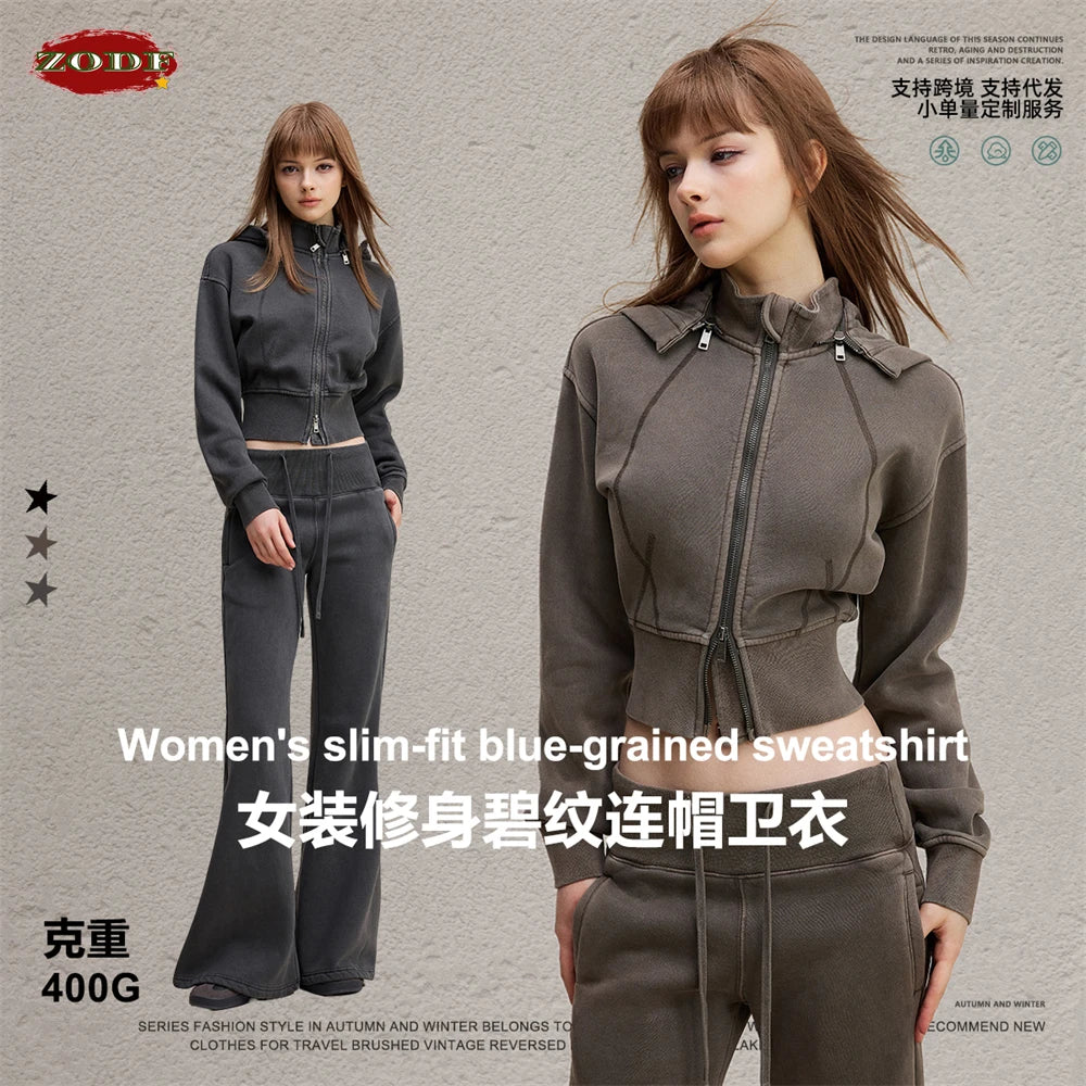 ZODF Vintage 2025 Winter Batik Washed Crop Hoodies Female Girls Remove Hood Heavy Weight Sport 400gsm Hooded Coat HY1085