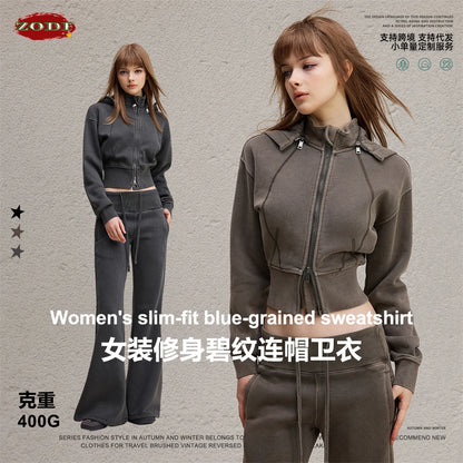 ZODF Vintage 2025 Winter Batik Washed Crop Hoodies Female Girls Remove Hood Heavy Weight Sport 400gsm Hooded Coat HY1085