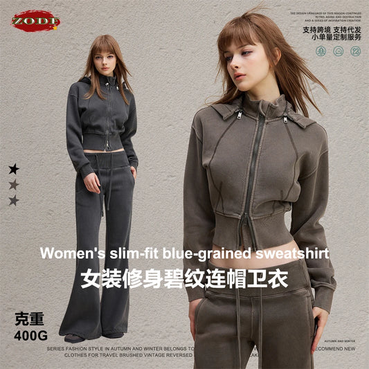 ZODF Vintage 2025 Winter Batik Washed Crop Hoodies Female Girls Remove Hood Heavy Weight Sport 400gsm Hooded Coat HY1085