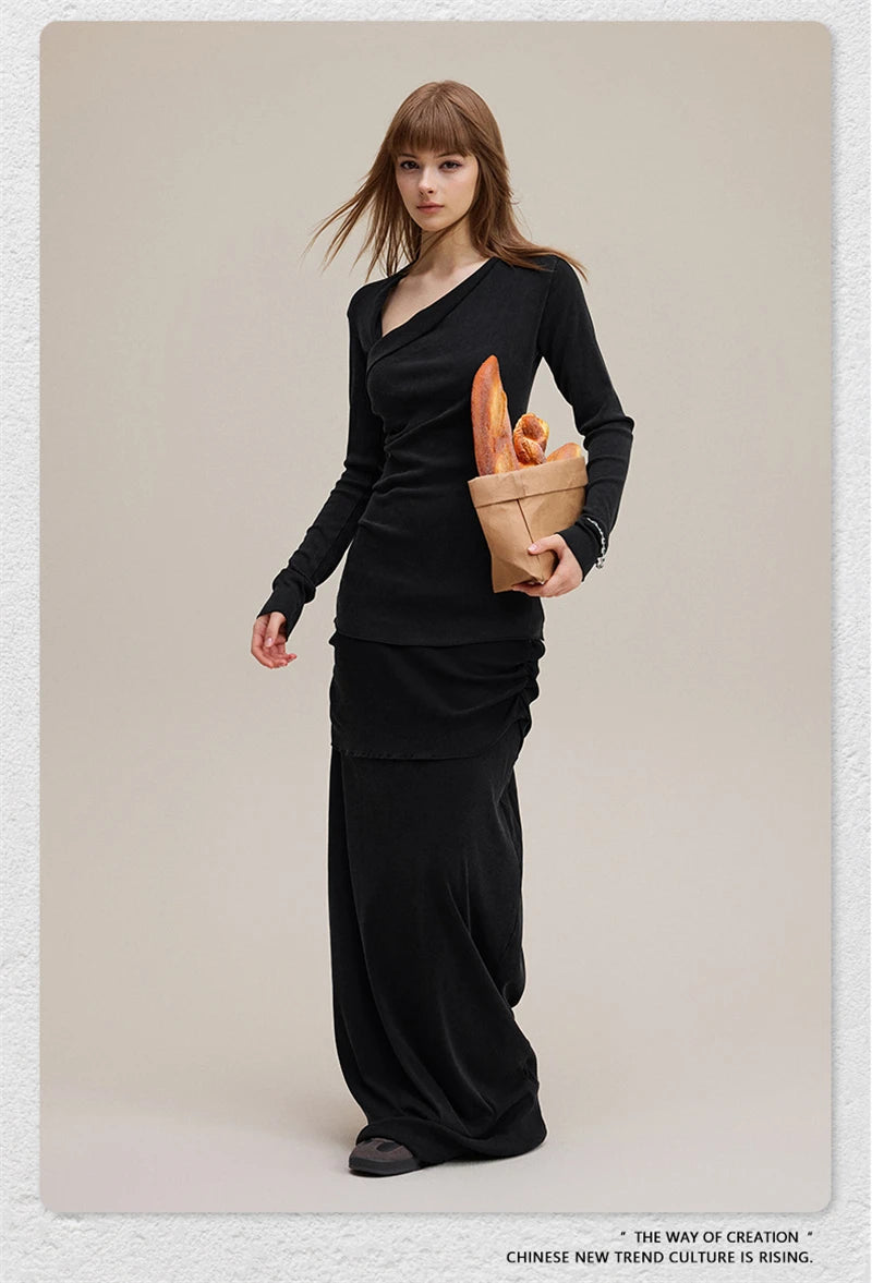 ZODF Retro Sexy Women Autumn Washed 275gsm T Shirt Ladies Girls Distressed Side Pleated Full Sleeve T-Shirts Tees HY1107