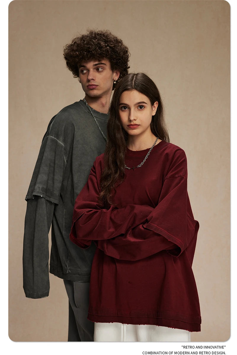 ZODF New 2024 Autumn Fake 2 Pieces T-Shirt For Men Unisex Loose Solid Long Sleeve O-Neck 305gsm Cotton T Shirt Brand Tops HY0944