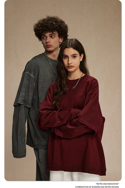 ZODF New 2024 Autumn Fake 2 Pieces T-Shirt For Men Unisex Loose Solid Long Sleeve O-Neck 305gsm Cotton T Shirt Brand Tops HY0944