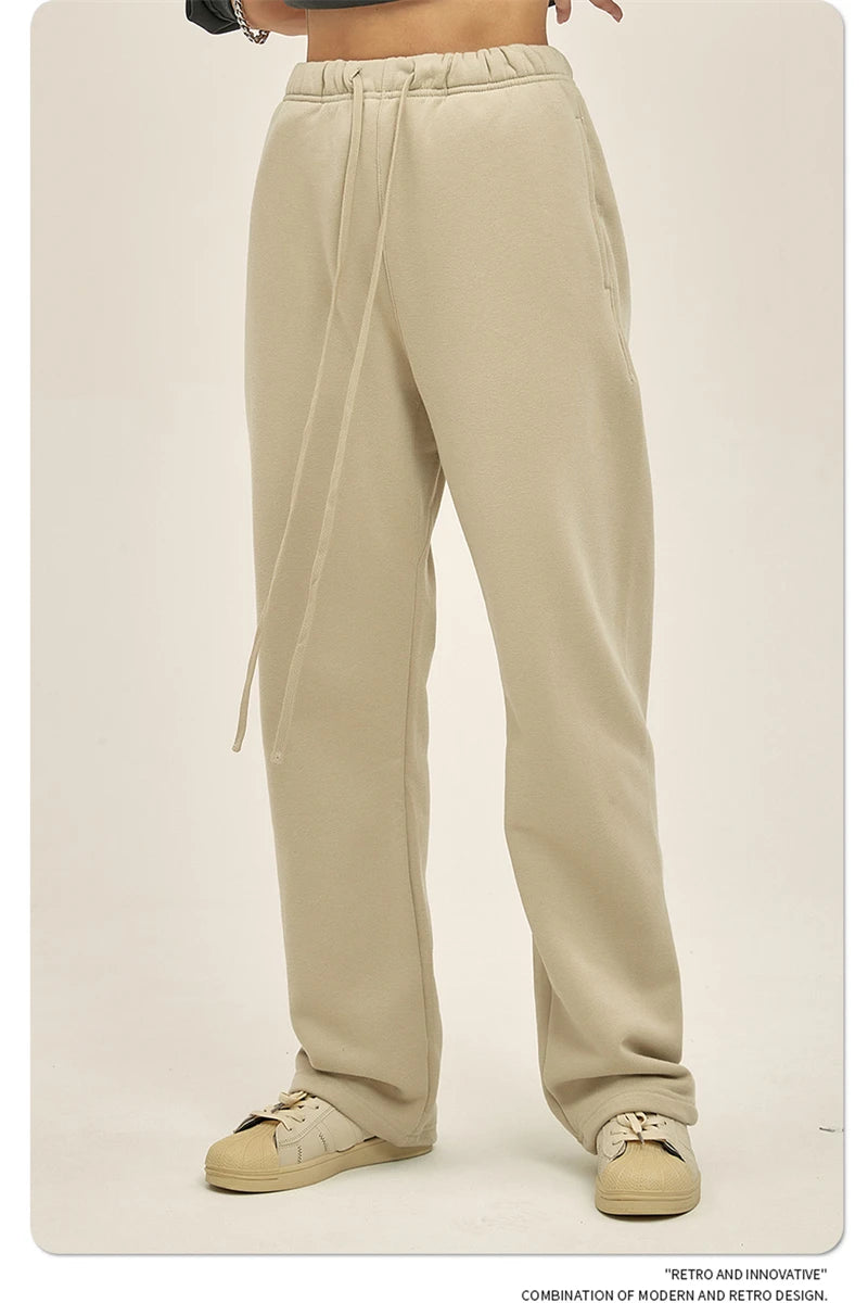 ZODF Fashion 2024 Men Loose Straight Pants Unisex 365gsm Retro Comfortable Sport Solid Drawstring Trousers HY0588