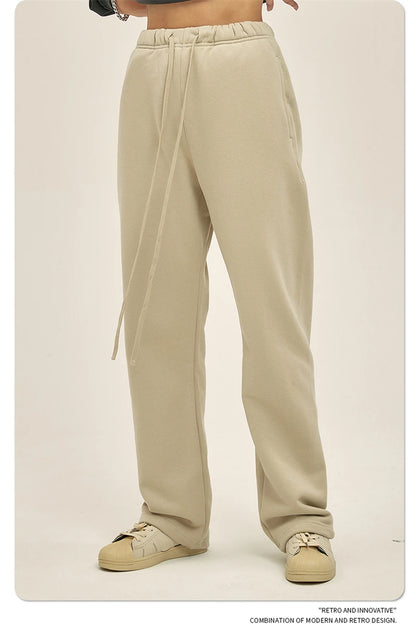 ZODF Fashion 2024 Men Loose Straight Pants Unisex 365gsm Retro Comfortable Sport Solid Drawstring Trousers HY0588