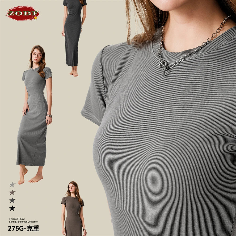 ZODF Sexy 2025 Spring Women 275gsm Long Dress Female Girls O Neck Washed Distressed Slim Slit Fit Dresses HY1008