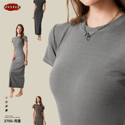 ZODF Sexy 2025 Spring Women 275gsm Long Dress Female Girls O Neck Washed Distressed Slim Slit Fit Dresses HY1008