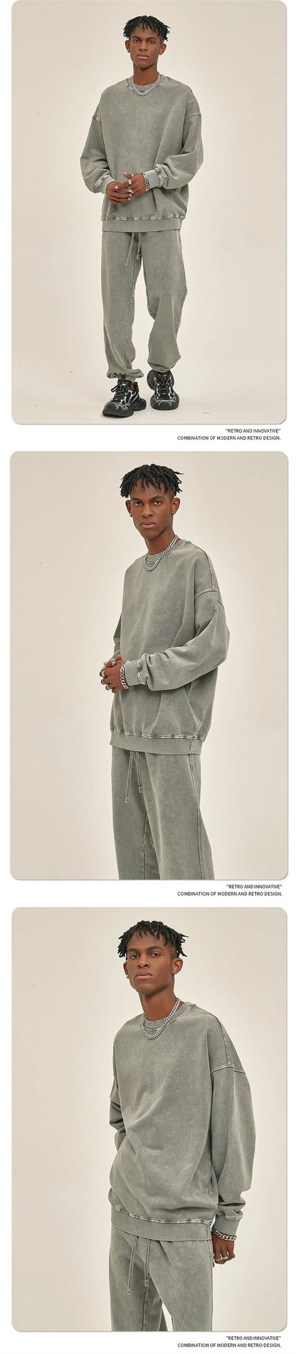 ZODF Retro Autumn Men Batik Washed Cotton Sweatshirts Unisex Loose 420gsm Terry O Neck Pullovers Streetwears HY0665