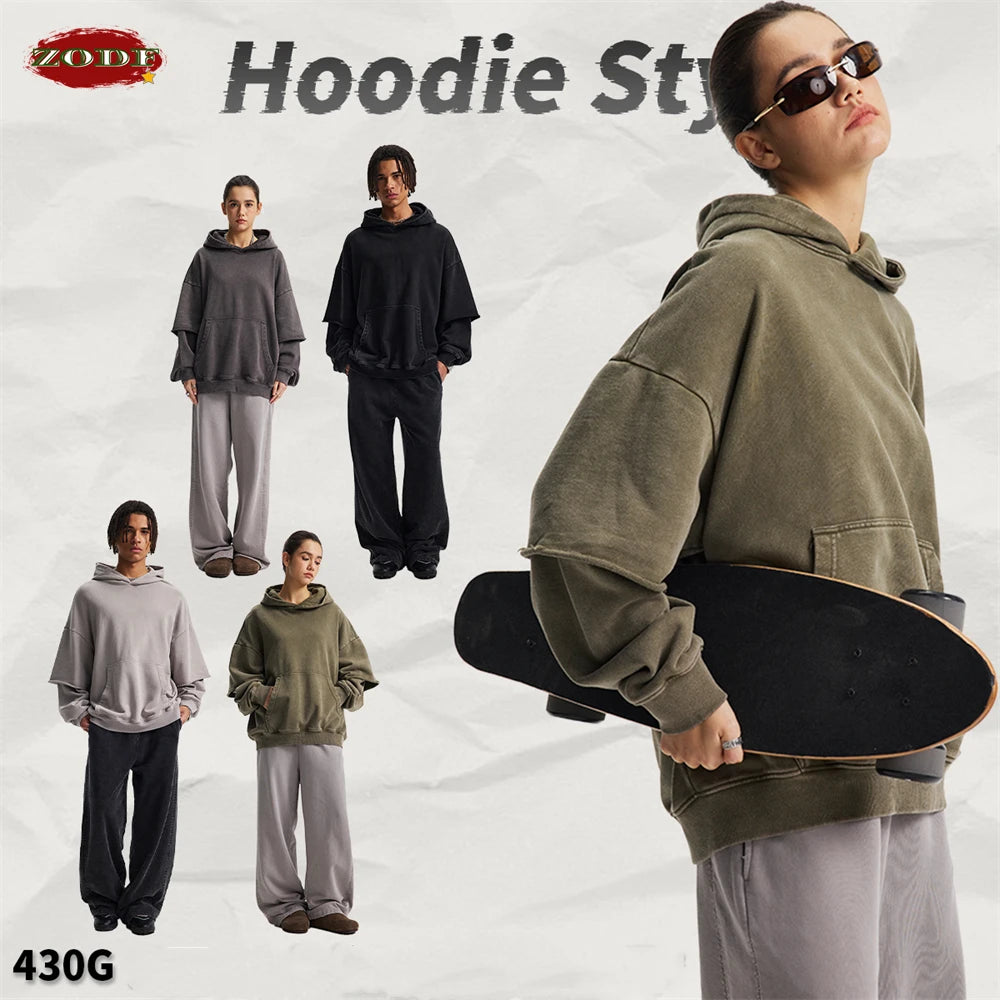 ZODF New Autumn Men's Washed Heavy Weight Cotton Hoodies Unisex Retro Fake 2 Peice 430gsm Loose Edge Hooded Pullovers HY1082