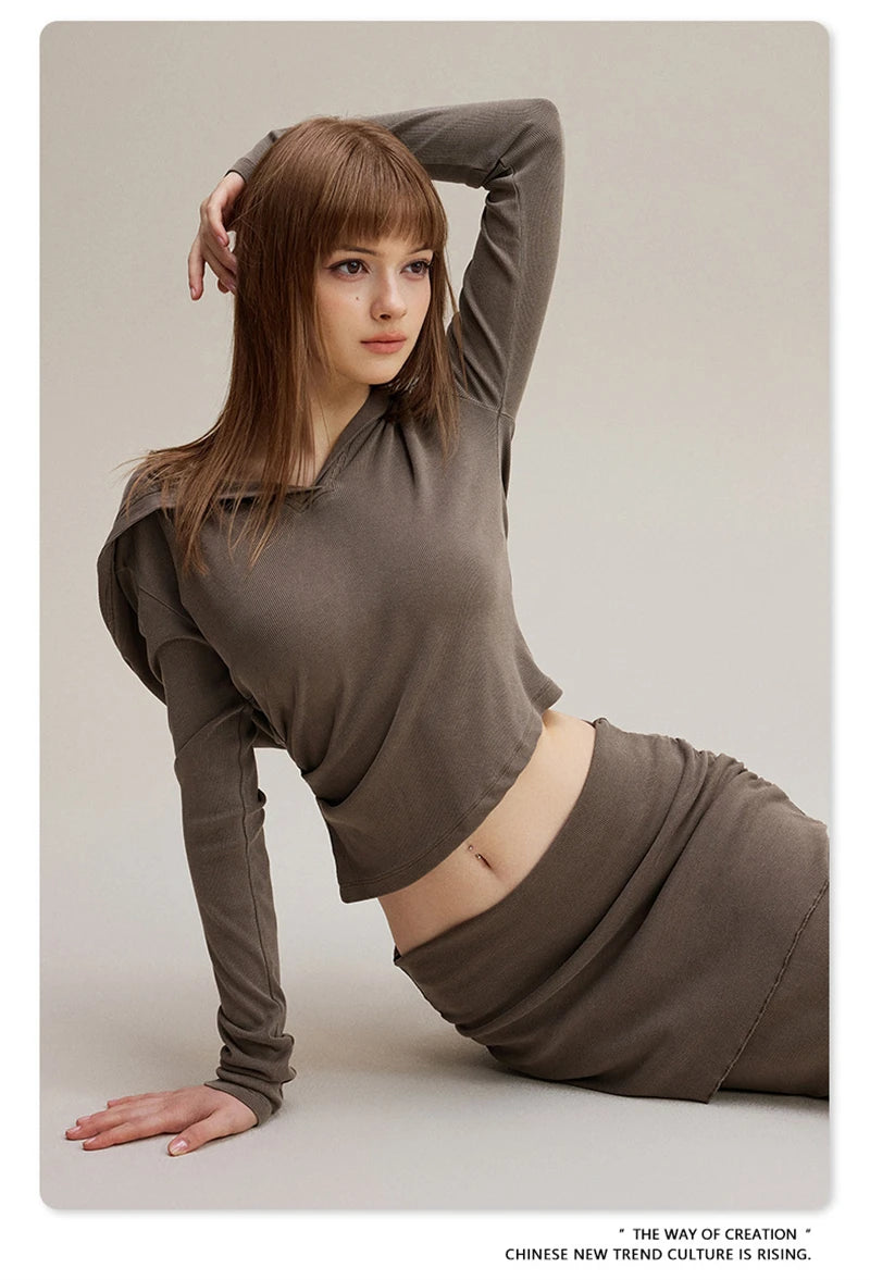 ZODF Sexy Women Autumn Washed 275gsm Hooded T Shirt Ladies Girls Slim Fit Distressed Side Pleated T-Shirts Tees HY1149