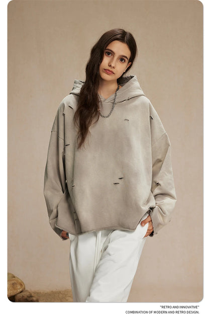 ZODF New Autumn Winter Men Monkey Washed Hoodies Unisex Disstressed Ripped Heavyweight Knitted 450gsm Hooded Pullovers HY0909