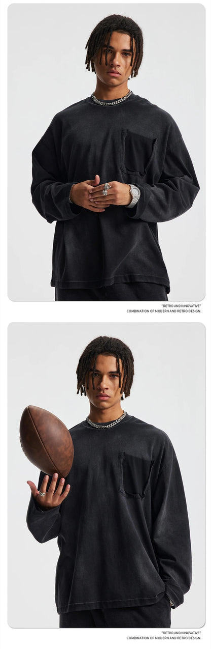 ZODF Retro Man's 325gsm Cotton Full Sleeve T-Shirts Unisex Distressed Wastland Style Monkey Washed T Shirt Tees HY1160