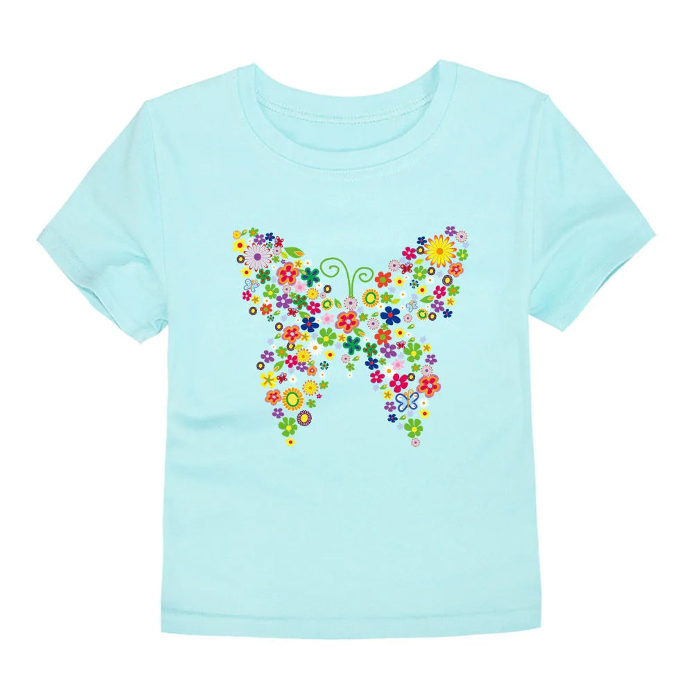2024 New Kids Girls T-shirt Teen 100% Cotton Flower Butterfly Tshirt Green White Korean Summer Tops Clothing 2 4 6 8 10 12 Years