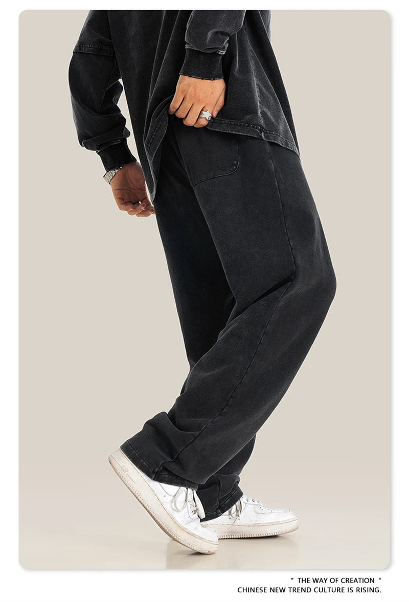 ZODF Retro Men Autumn Washed 380gsm Cotton Unisex High Street Oversized Solid Sport Straight Pants HY0885