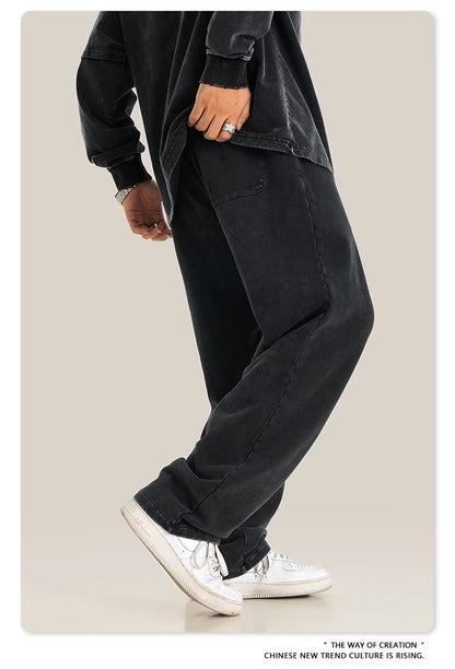 ZODF Retro Men Autumn Washed 380gsm Cotton Unisex High Street Oversized Solid Sport Straight Pants HY0885