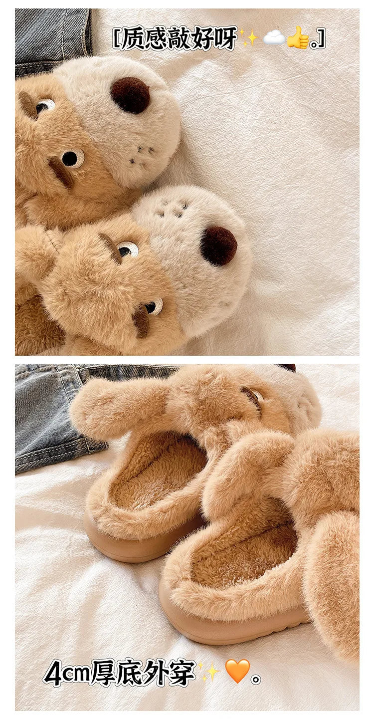Cartoon Puppy Autumn And Winter Coral Fleece Soft Comfortable Warm Home Slippers Cotton Slippers Indoor Anti Slip Practical Gift