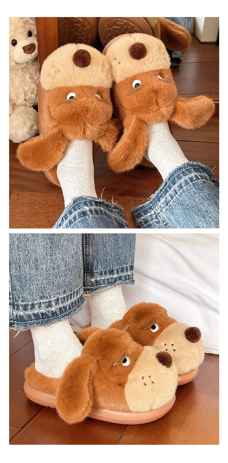 Cartoon Puppy Autumn And Winter Coral Fleece Soft Comfortable Warm Home Slippers Cotton Slippers Indoor Anti Slip Practical Gift
