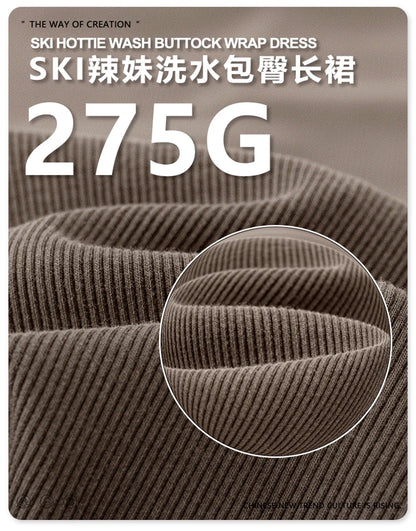 ZODF Sexy 2025 Spring Women 275gsm Long Dress Female Girls O Neck Washed Distressed Slim Slit Fit Dresses HY1008