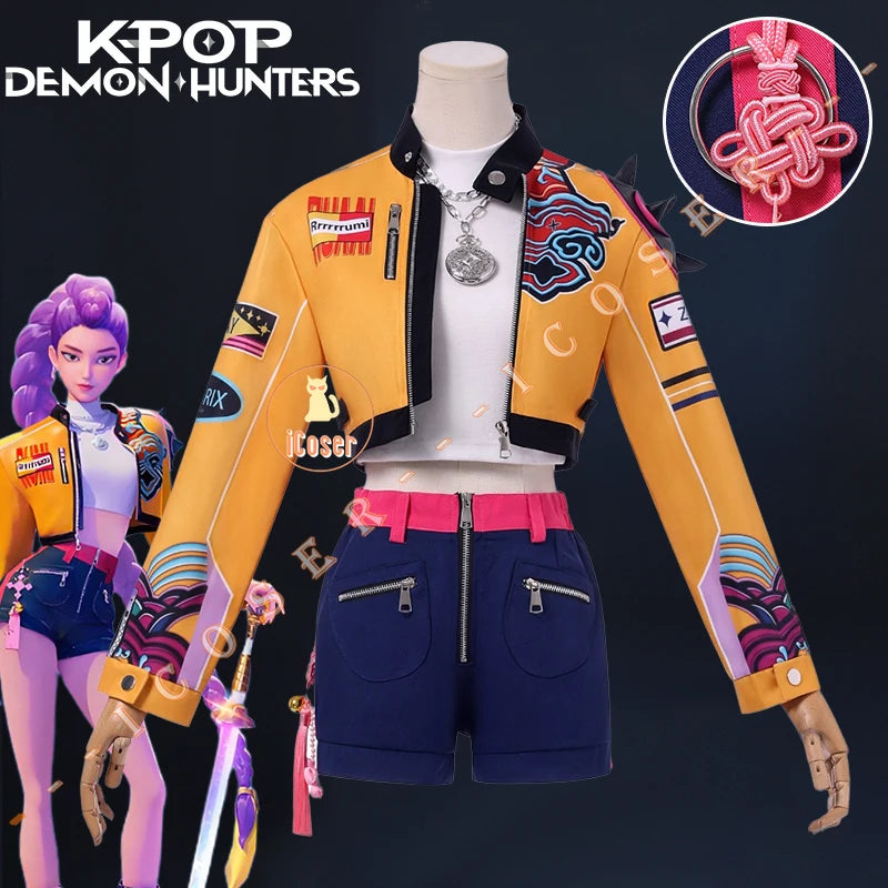 Anime Movie KPop Demon Hunters Rumi Cosplay Costume Yellow Jacket Huntrix Uniform Earrings Halloween Party for Women Girls Props