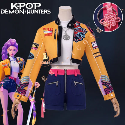 Anime Movie KPop Demon Hunters Rumi Cosplay Costume Yellow Jacket Huntrix Uniform Earrings Halloween Party for Women Girls Props