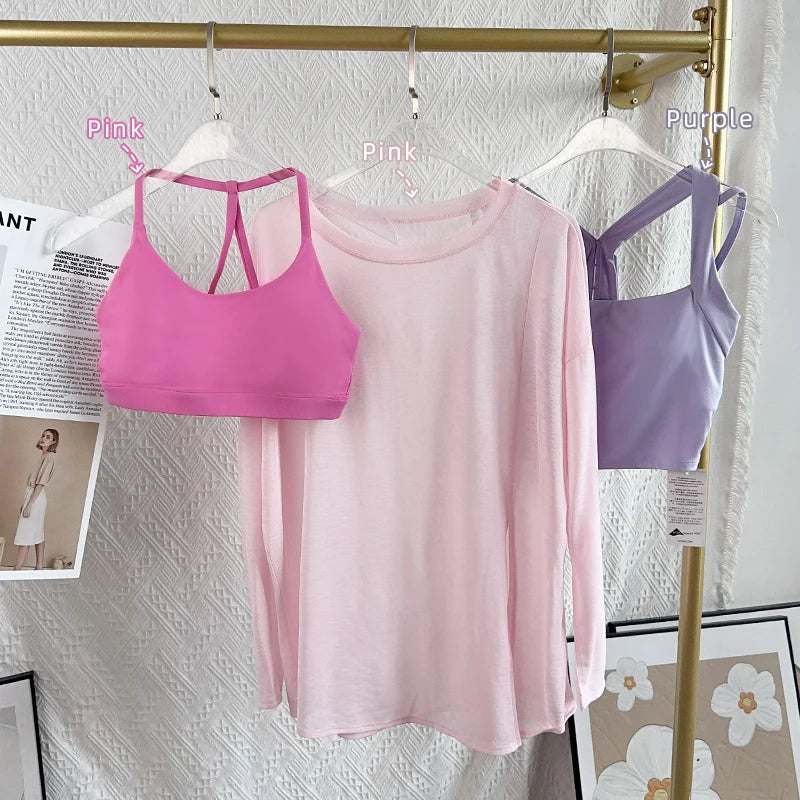 Women’s Long Sleeve Yoga Shirt O-Neck Breathable Loose Fit Sports Top for Running Pilates Gym Fitness