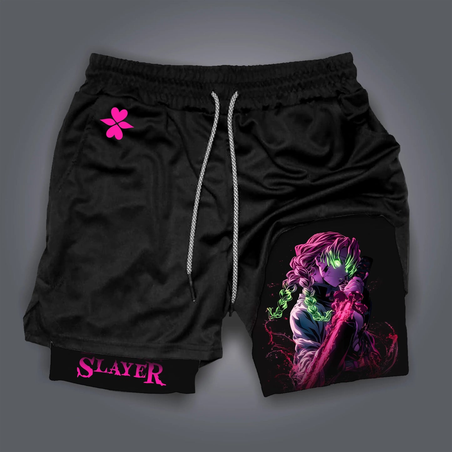 Summer Quick Dry Gym Shorts Man Demon Slayer Fashion Anime Print Double-layer Pants Streetwear Sportswear Fitness Beach Pants