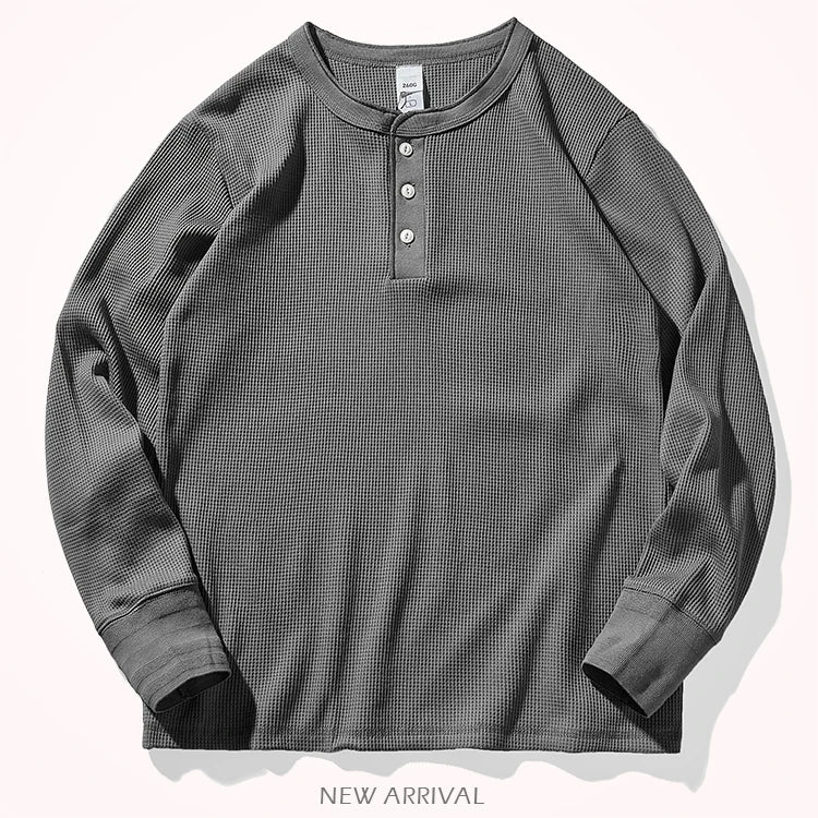 Autumn And Winter New American Heavyweight Retro Men's Waffle Long-sleeved T-shirt Loose Fashion Henley Collar Bottoming-shirt